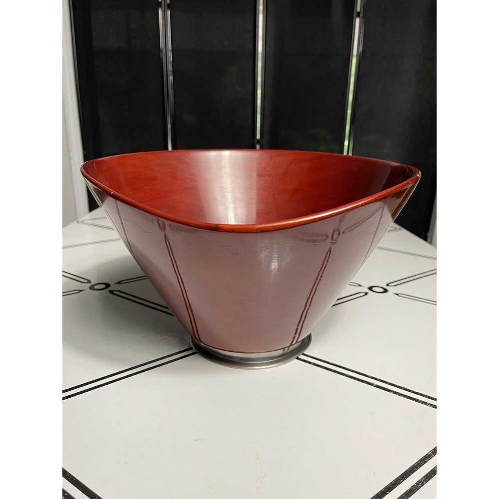 VTG MCM Mahogany‎ & Pewter Bowl Modernist Style Home Decor Wood Design